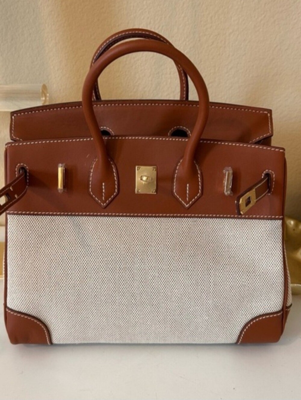 25cm Leather & Canvas Combo Brown Satchel - Picture 9 of 10